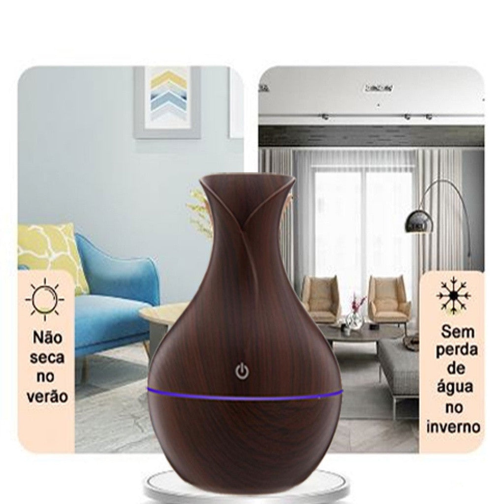 Umidificador  Vaso Aromatizador Silencioso textura de Madeira Recarregável com LED