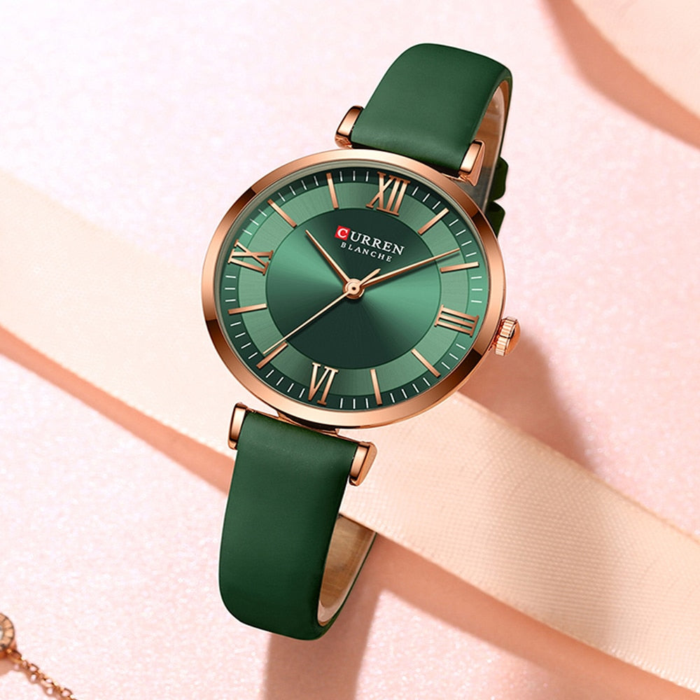 Curren Women's Quartz Watch with Green, White, and Blue Leather Strap