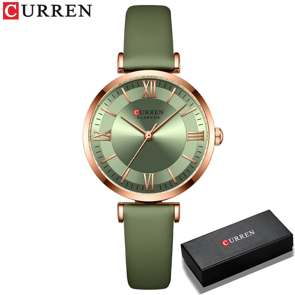 Curren Women's Quartz Watch with Green, White, and Blue Leather Strap