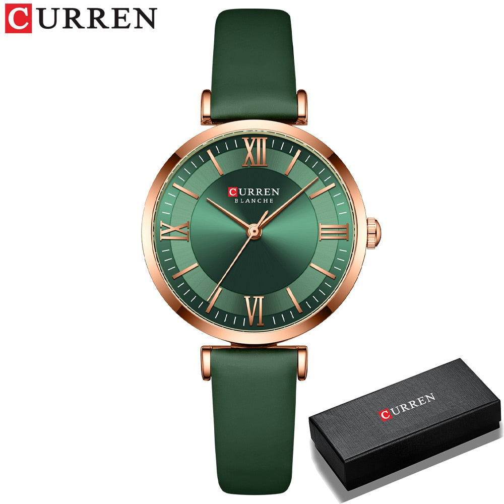 Curren Women's Quartz Watch with Green, White, and Blue Leather Strap