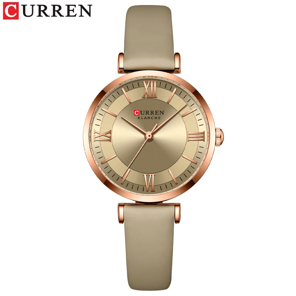 Curren Women's Quartz Watch with Green, White, and Blue Leather Strap