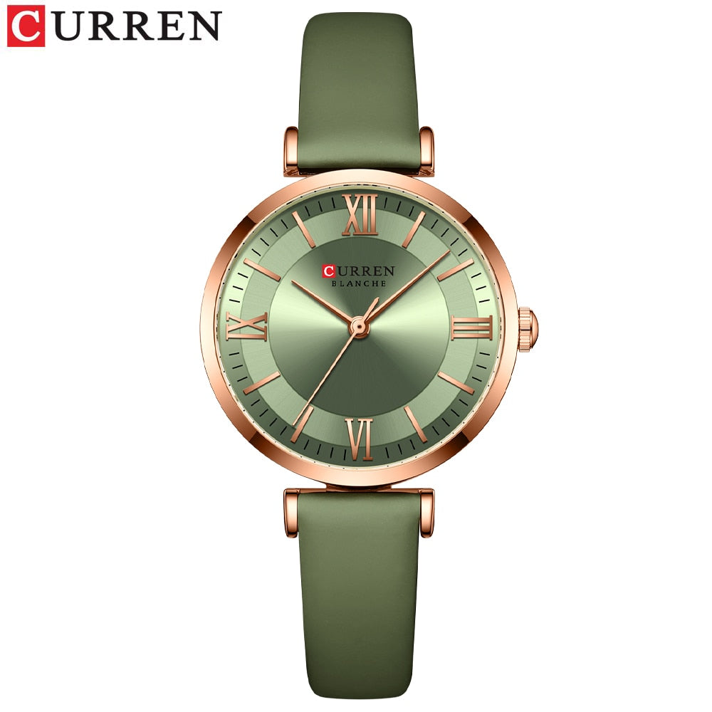 Curren Women's Quartz Watch with Green, White, and Blue Leather Strap