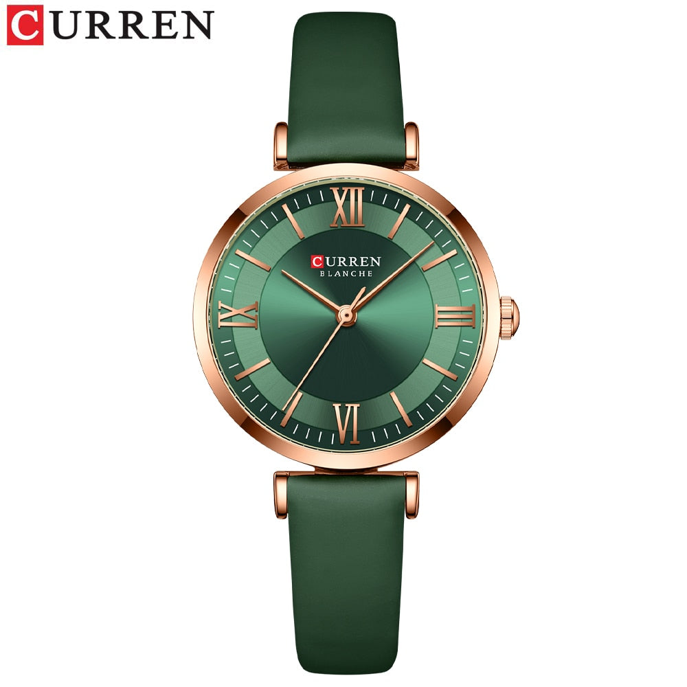 Curren Women's Quartz Watch with Green, White, and Blue Leather Strap