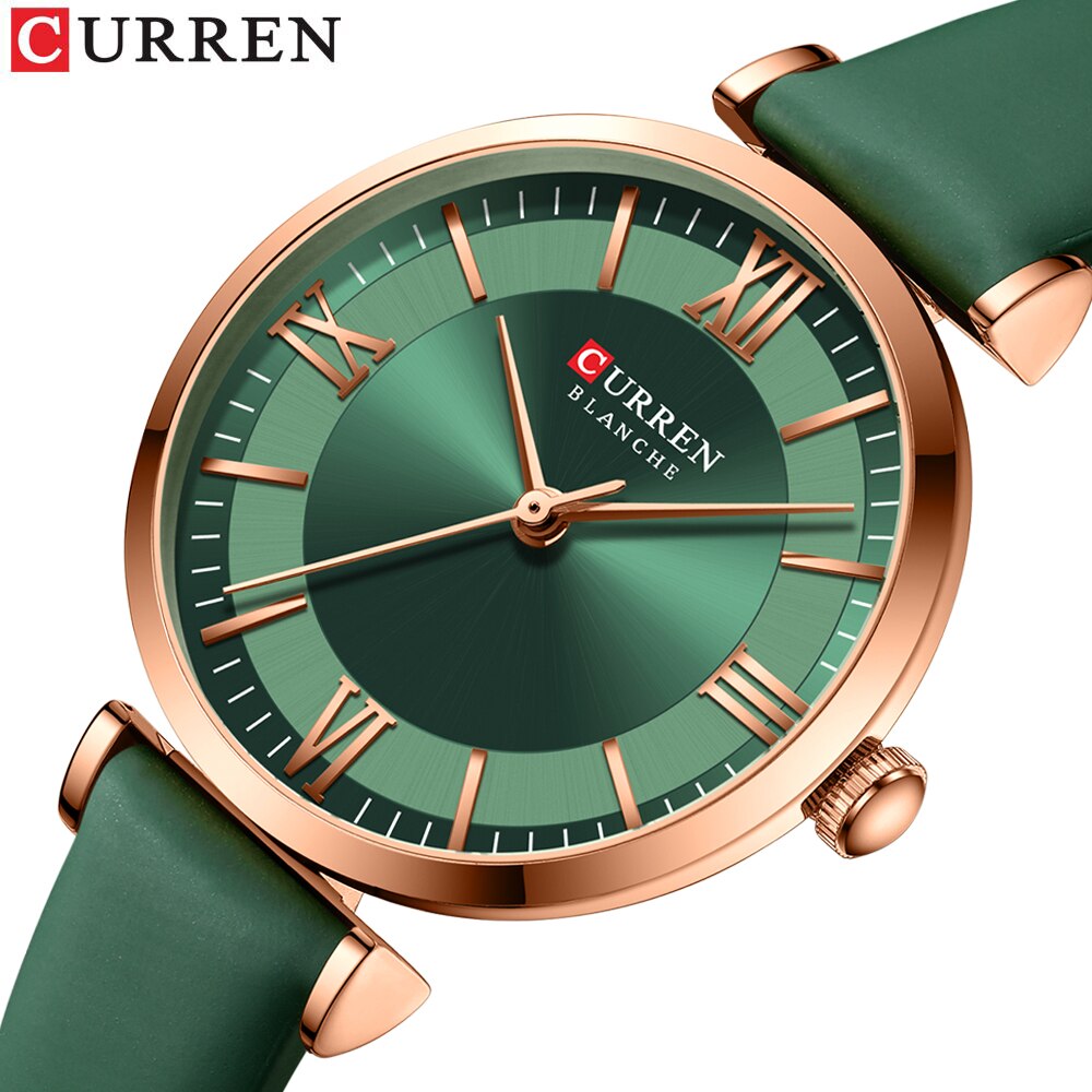 Curren Women's Quartz Watch with Green, White, and Blue Leather Strap