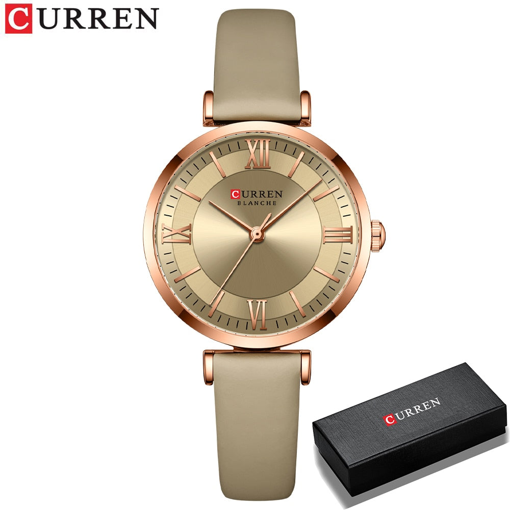 Curren Women's Quartz Watch with Green, White, and Blue Leather Strap